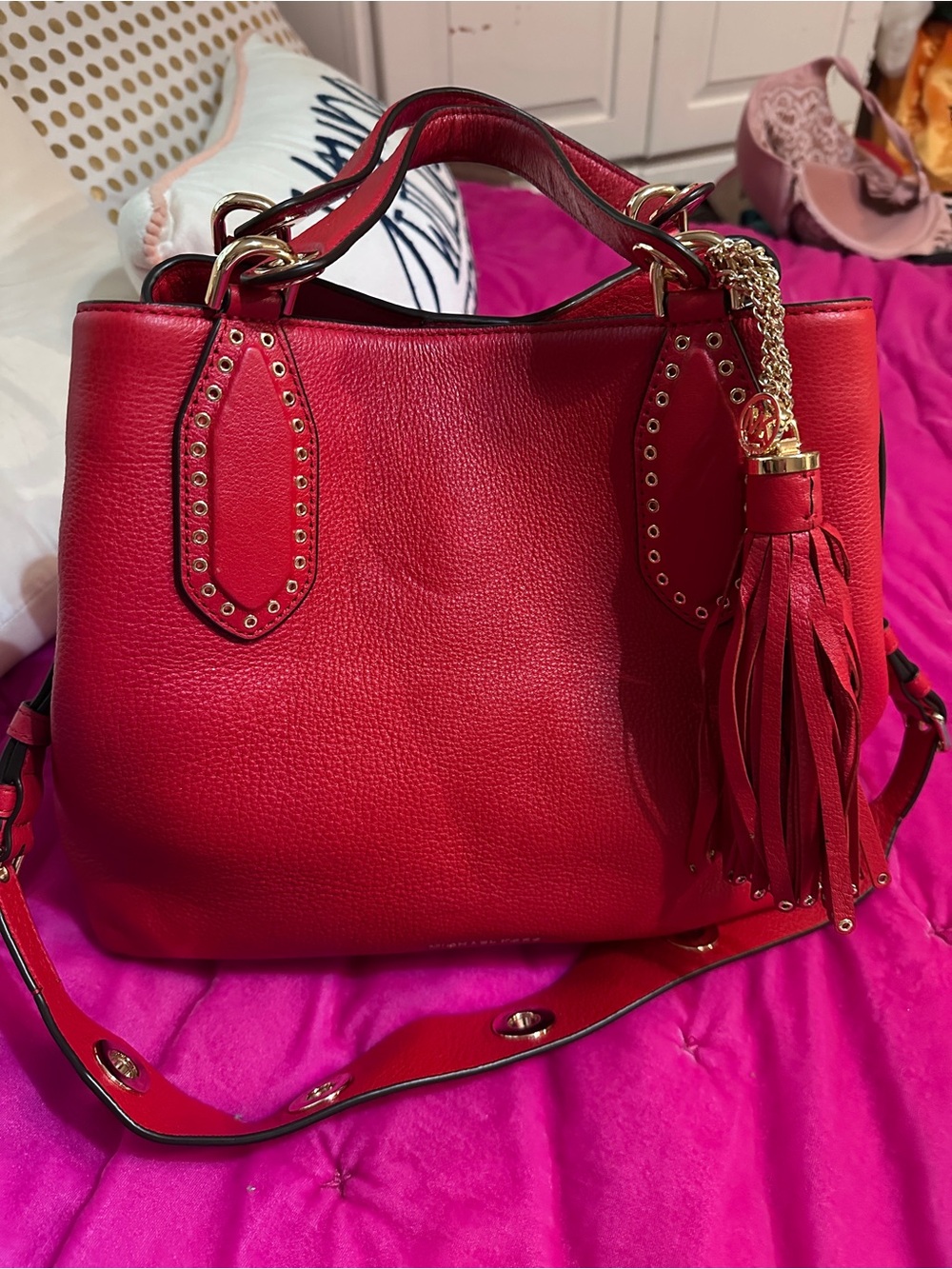 Michael Kors Red Leather Tote with Tassel and Gold Accents - Picture 9 of 9